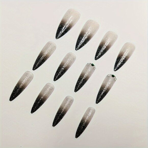 24 Pcs Black Gradient Glitter Stiletto Press-On Nails, Medium Length Drop Shape - Picture 3 of 6
